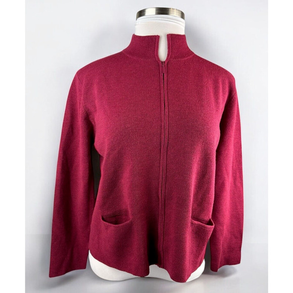 Eileen Fisher 100% Wool Full Zip Cardigan Sweater Jacket Red Burgundy Medium - Picture 11 of 13